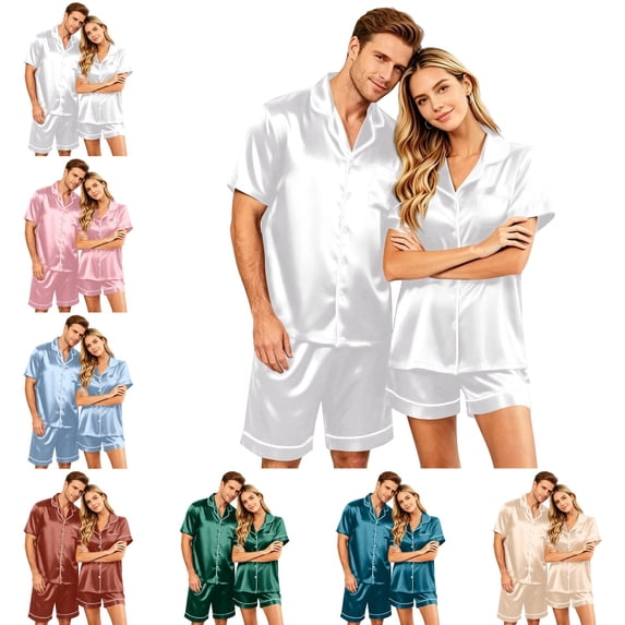 OIOLOYJM Couple Matching Pajama Sets for Men Loose Fit Daily Wear for Women with Pocket Satin Silk Smooth Button Up Short Sleeve Pj Sets Two Piece Relaxed Fit Lounge Loungewear White 4XL