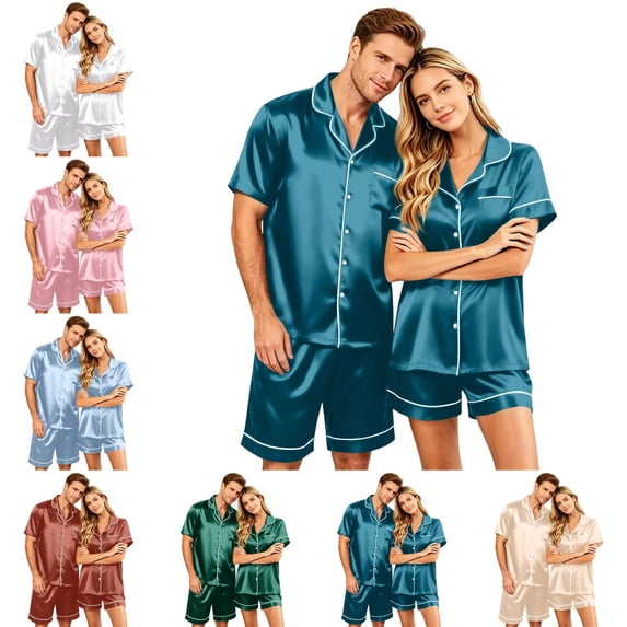 OIOLOYJM Couple Matching Pajama Sets for Men Loose Fit Daily Wear for Women with Pocket Satin Silk Smooth Button Up Short-Sleeve Sleepwear 2 Piece Classic Fit Casual Loungewear Blue L