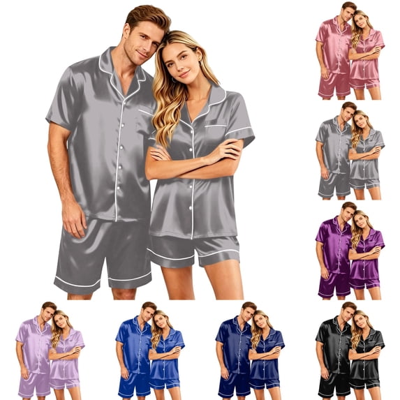 OIOLOYJM Couple Matching Pajama Sets for Men Loose Fit Daily Wear for Women with Pocket Silk Satin Smooth Button Down Short-Sleeve Pj Sets 2 Piece Classic Fit Casual Sets Light Gray 3XL