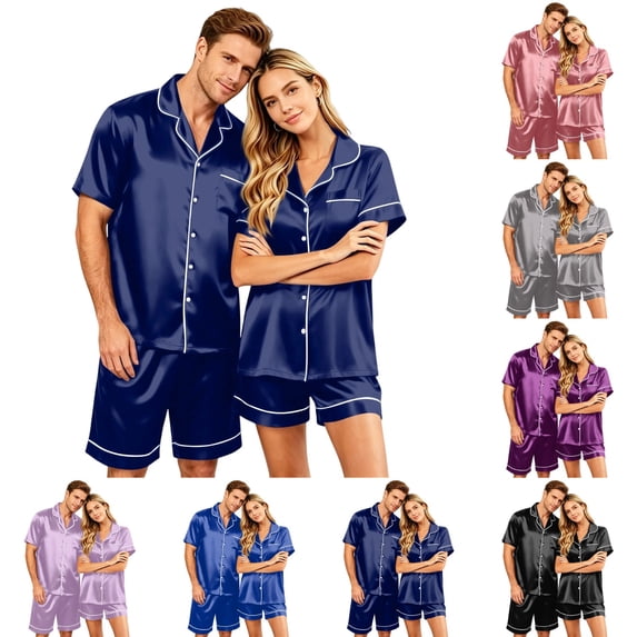 OIOLOYJM Couple Matching Pajama Sets for Men Loose Fit Daily Wear for Women with Pocket Silk Satin Soft Button Down Short Sleeve Sleepwear Two Piece Classic Fit Casual Loungewear Royal Blue 4XL