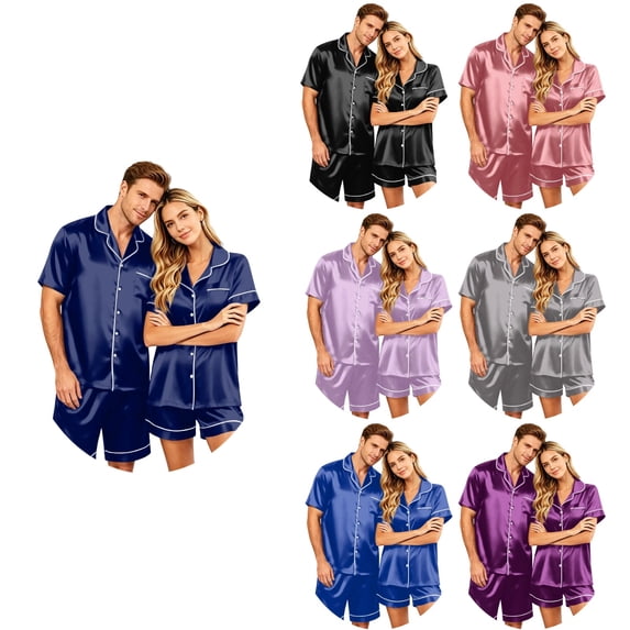 OIOLOYJM Couple Matching Pajama Sets for Women Slim Fit Daily Wear for Men Satin Silk Short-Sleeve Button Up Relaxed Fit Pj Sets 2 Piece Soft Casual Sets with Pocket Royal Blue 2XL