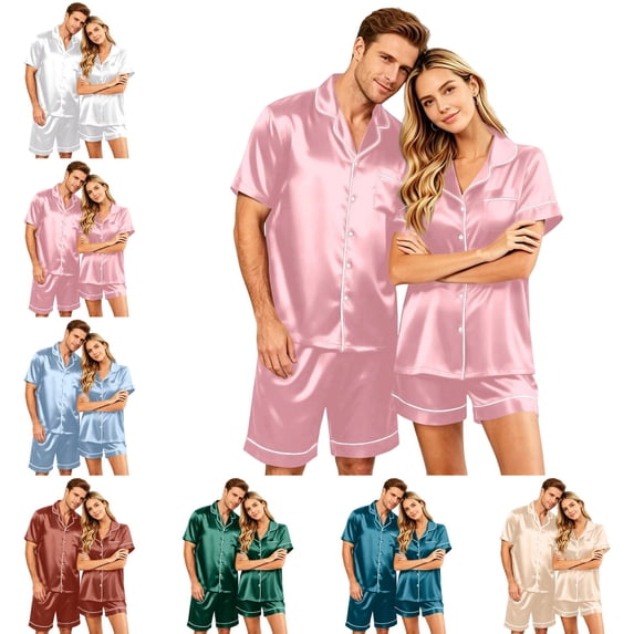 OIOLOYJM Couple Pajama Sets for Men Loose Fit Daily Wear for Women with Pocket Satin Silk Comfortable Button Up Short-Sleeve Pj Sets Two Piece Classic Fit Casual Sets Pink 2XL