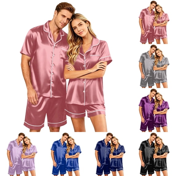 OIOLOYJM Couple Pajama Sets for Men Loose Fit Daily Wear for Women with Pocket Satin Silk Soft Button Down Short Sleeve Sleepwear 2 Piece Relaxed Fit Casual Loungewear Purple Pink XL