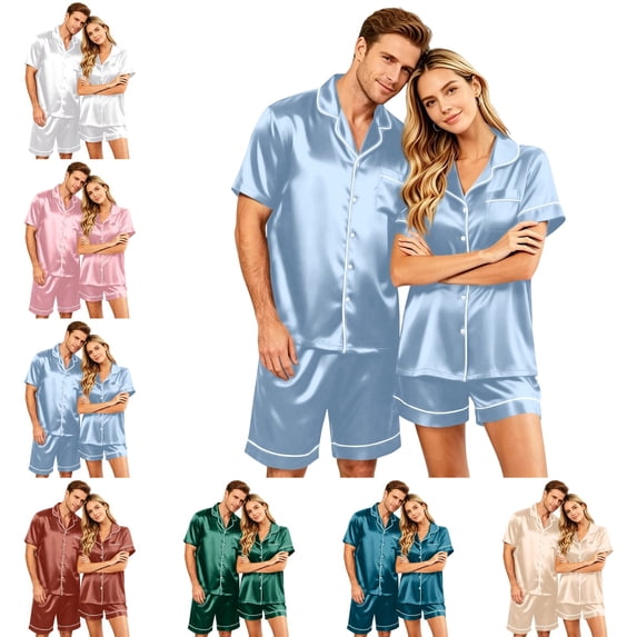 OIOLOYJM Couple Pajama Sets for Men Loose Fit Daily Wear for Women with Pocket Silk Satin Comfortable Button Up Short Sleeve Pj Sets Two Piece Classic Fit Lounge Loungewear Light Blue 4XL