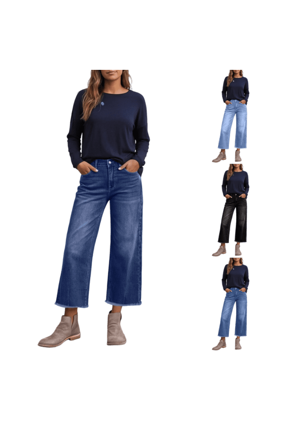 Cropped Jeans for Women Summer Smooth Relaxed Fit Straight Jeans with Frayed Hem High Waisted Vintage Casual Outdoor Baggy Denim Pants Royal Blue XL