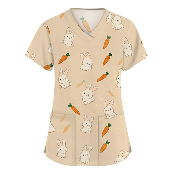 OIOLOYJM Easter Scrub Tops Women Cute Stretchy Bunny Print Tops Short Sleeve V Neck Nursing Shirts Holiday Oversized Blouse with Pockets Khaki S