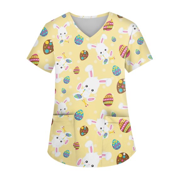 OIOLOYJM Easter Scrub Tops Women Happy Stretchy Bunny Eggs Print Tops Short Sleeve V Neck Shirt Holiday Plus Size Workwear Uniforms with Pockets Mint Green 5XL