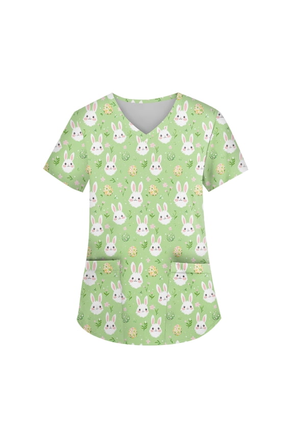 Easter Scrubs Tops for Women 2026 Funny Medical Bunny Print Tops Short Sleeve V Neck Nursing Shirts Casual Oversized Blouse with Pockets Light Blue S