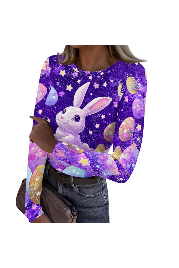 Easter Shirts Women Happy Rabbit Print Shirts Crewneck Long Sleeve T Shirts Trendy Oversized Lightweight Blouses Purple Pink 2XL