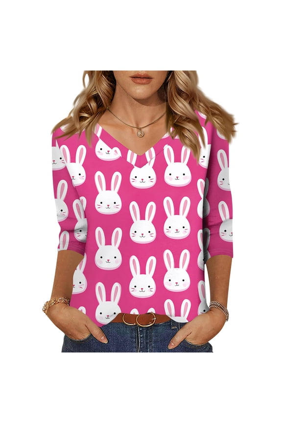 Easter Shirts for Women 2026 Spring Casual Rabbit Print Shirts 3/4 Sleeve V Neck Pullover Loose Fit Lightweight T Shirts Turquoise M