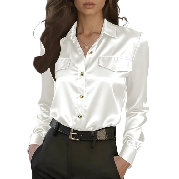 OIOLOYJM Elegant Satin Shirts for Women Silk Blouses for Women Dressy Satin Button Down Shirts Casual Holiday Tops Party Outfits with Pockets White L
