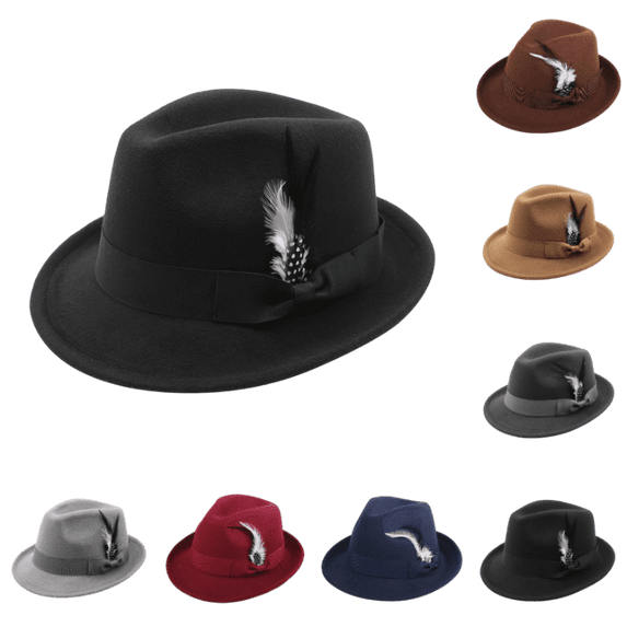 OIOLOYJM Fedora Hats for Men Casual Classic Short Brim Felt Hat with Feathers Band Fashion Outdoor Dress Work Trilby Hats Black