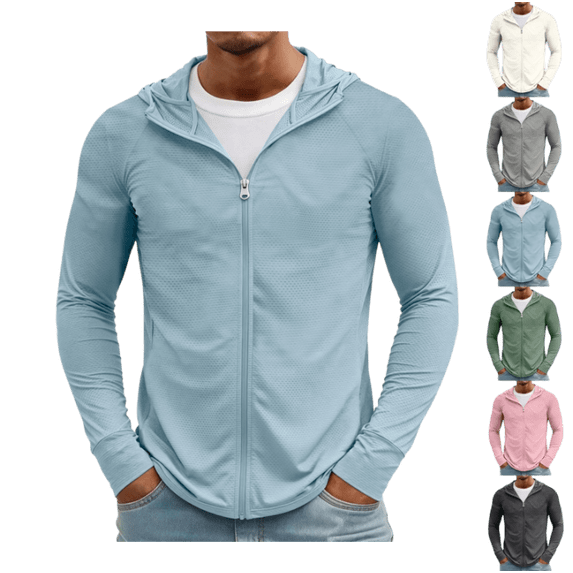 OIOLOYJM Full Zip Hoodies for Men UPF Sun Protection Lightweight Long Sleeve Jacket Breathable Mesh Outdoor UV Performance Fishing Running Hooded Shirt with Pockets Blue XL