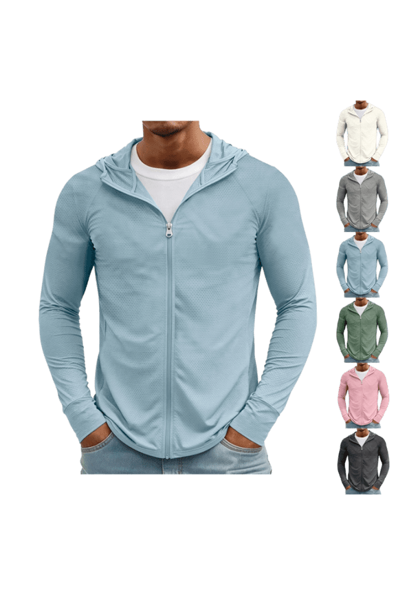 Full Zip Hoodies for Men UPF Sun Protection Lightweight Long Sleeve Jacket Breathable Mesh Outdoor UV Performance Fishing Running Hooded Shirt with Pockets Blue XL