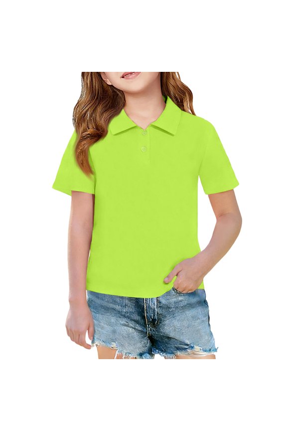 Girl's School Uniform Dressy Short Sleeve Lapel Polo Shirts Spring Cotton Regular Fit Soft T Shirts Fashion Workout Solid Color Outfits Fluorescent Green 11-12 Year
