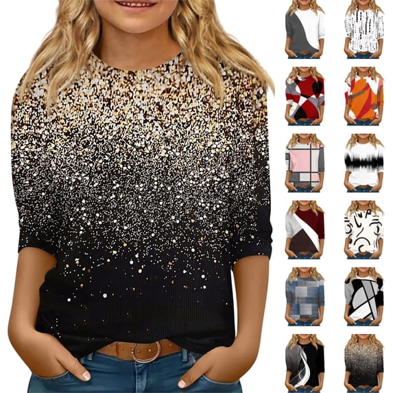 OIOLOYJM Girls 3/4 Sleeve Tops Casual Cute Geometric Print Crewneck Slim Fit Tops Fashion Lightweight Going Out Outfits