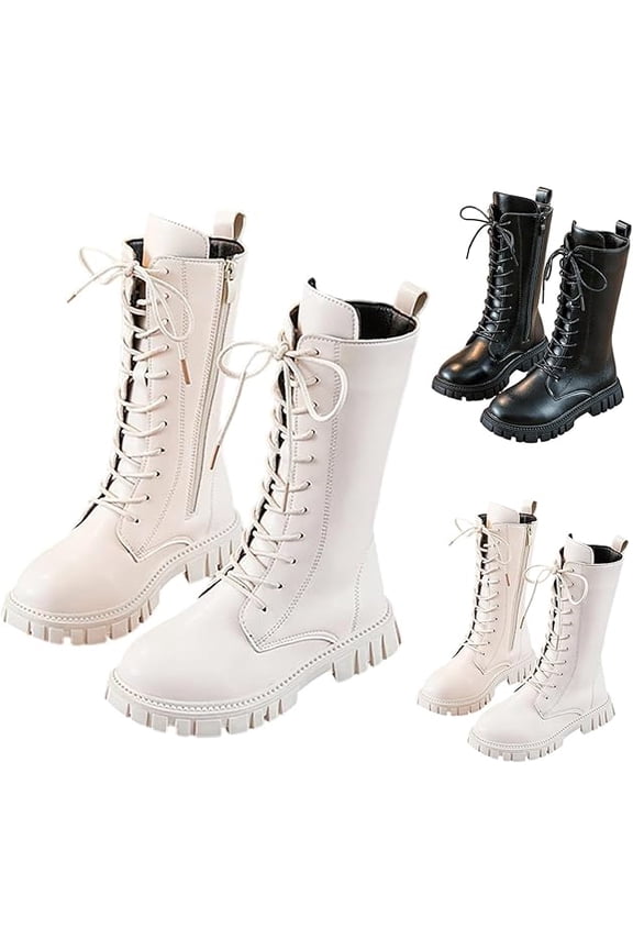 Girls Boots Lace Up Bowknot Non-slip Booties Outdoor Combat Shoes Riding Mid Calf Punk Bootie for Little Girl Boot White 1.5 Big Kids