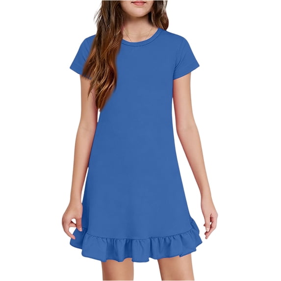 OIOLOYJM Girls Dress Ruffled Flutter Sleeve Crew Neck Cute Printing Casual A-Line Dresses Summer Vacation Going Out Dresses Blue 7-8 Year