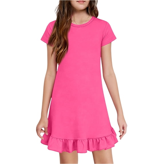 OIOLOYJM Girls Dress Ruffled Flutter Sleeve Crew Neck Cute Printing Casual A-Line Dresses Summer Vacation Going Out Dresses Hot Pink 9-10 Year