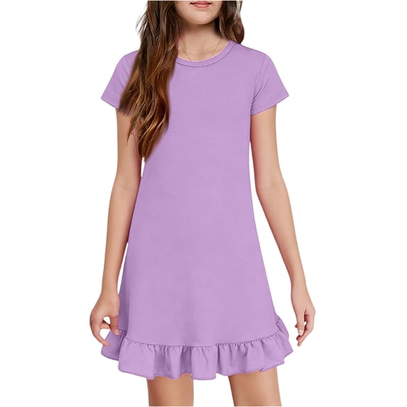 OIOLOYJM Girls Dress Ruffled Flutter Sleeve Crew Neck Cute Printing Casual A-Line Dresses Summer Vacation Going Out Dresses Light Purple 7-8 Year