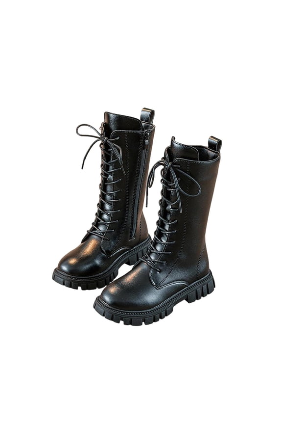 Girls Lace Up Combat Boots Mid Calf Riding Boots PU Leather Side Zipper Punk Goth Lug Sole Boot 4-11 Years Black 1 Big Kids