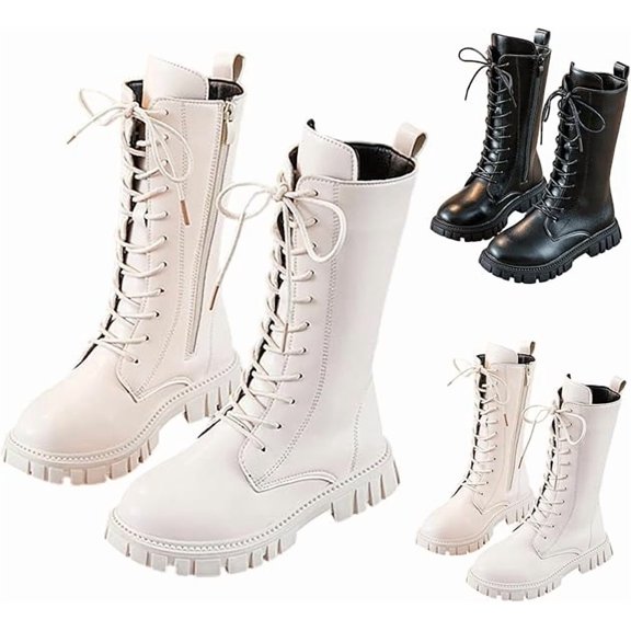 OIOLOYJM Girls Lace Up Riding Boots Mid Calf Combat Boots PU Leather Side Zipper Punk Goth Boot Lug Sole Boot 4-11 Years White 10 Little Kids
