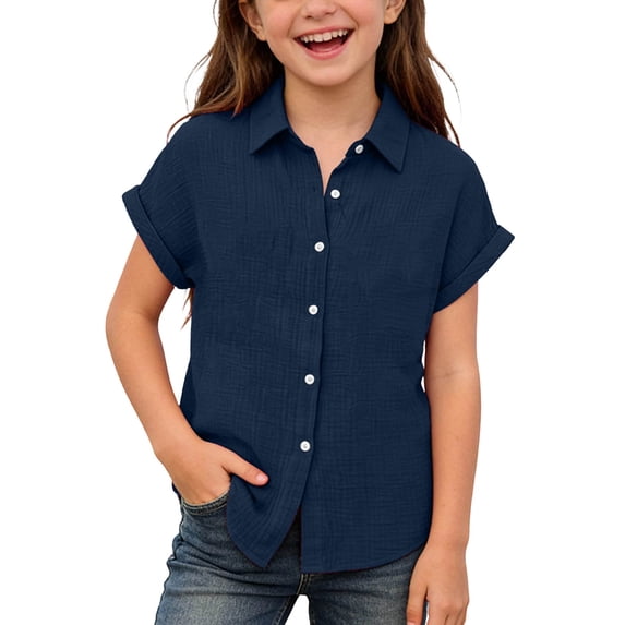OIOLOYJM Girls Linen Shirts Short Sleeve Button Down Collared Dress Shirt Summer Basic Lightweight Breathable Lounge Tops Navy 11-12 Year