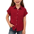 thumbnail image 1 of OIOLOYJM Girls Linen Shirts Short Sleeve Button Down Collared Dress Shirt Summer Basic Lightweight Breathable Lounge Tops Red 7-8 Year, 1 of 4