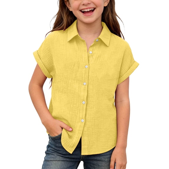 OIOLOYJM Girls Linen Shirts Short Sleeve Button Down Collared Dress Shirt Summer Basic Lightweight Breathable Lounge Tops Yellow 7-8 Year