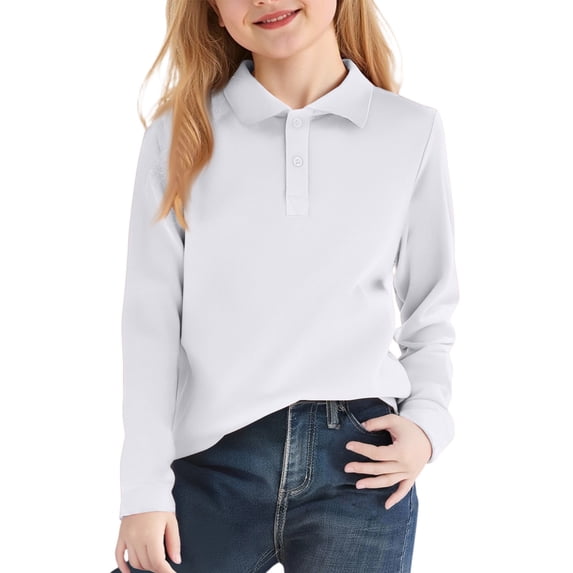 OIOLOYJM Girls Polo Shirts Dressy Casual Long Sleeve School Uniform Classic Button Up Collared Top for Boys White 8-9 Year
