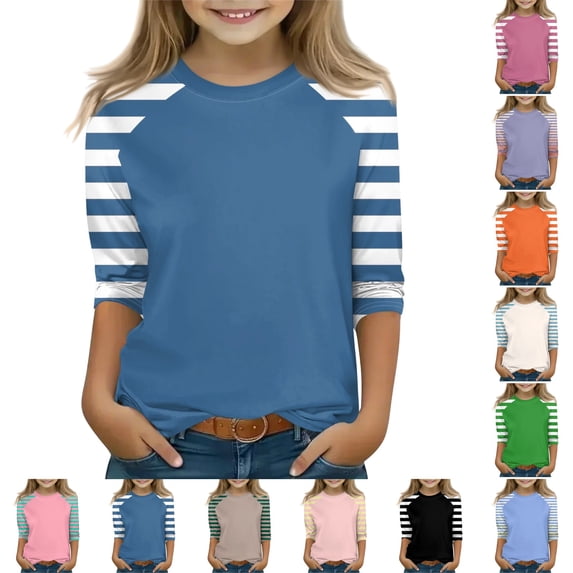 OIOLOYJM Girls Shirts Casual Crewneck 3/4 Sleeve Color Block Tee Shirt Summer Cotton Fashion Tops Soft Cozy Clothing Blue 10-11 Year