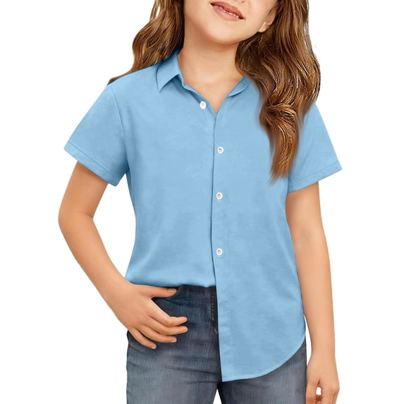 OIOLOYJM Girls Short Sleeve Dress Shirts Kids Spring Summer Cozy Soft School Uniform Casual Button Down Lapel Collared Shirt Sky Blue 9-10 Year