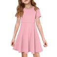 thumbnail image 1 of OIOLOYJM Girls Summer Short Sleeve Dress Cute Flowy Swing Hem Pocket A Line Dress Basic Lightweight Birthday Party Dresses Pink 7-8 Year, 1 of 4