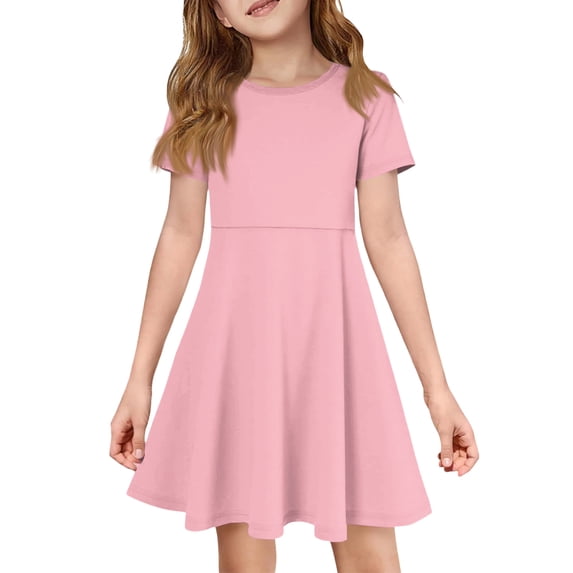 OIOLOYJM Girls Summer Short Sleeve Dress Cute Flowy Swing Hem Pocket A Line Dress Basic Lightweight Birthday Party Dresses Pink 7-8 Year