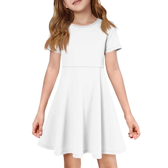 OIOLOYJM Girls Summer Short Sleeve Dress Cute Flowy Swing Hem Pocket A Line Dress Basic Lightweight Birthday Party Dresses White 12-13 Year
