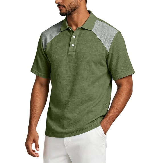 OIOLOYJM Golf Shirts for Men Summer Raglan Short-Sleeve Relaxed Fit Cotton Linen Patchwork Casual Quick Dry Lightweight Polo Shirts Basic Business Workout Collared Tops Army Green 2XL