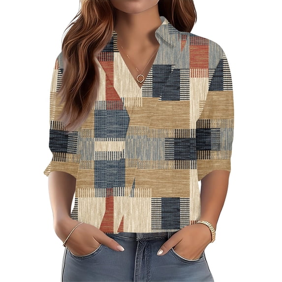 OIOLOYJM Golf Shirts for Women V Neck 3/4 Sleeve Plaid Polo Shirts Summer Collared Loose Fit Sports T-Shirt Comfy Cozy Trendy Outfits Khaki XL