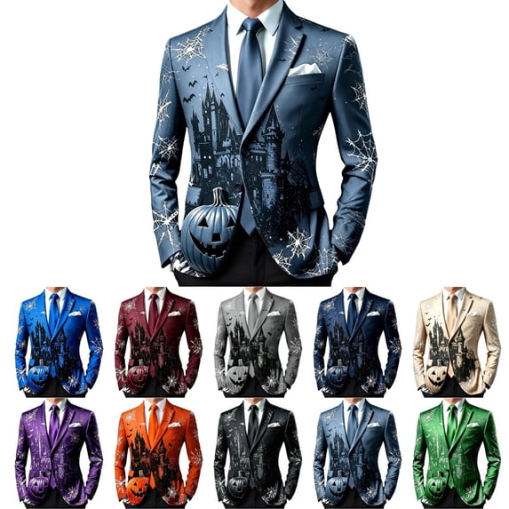 OIOLOYJM Halloween Blazer for Men Regular Fit Pumpkin Bat Spider Web Print Long Sleeve Suit Jackets with Pockets One Buttons Dressy Business Work Jackets