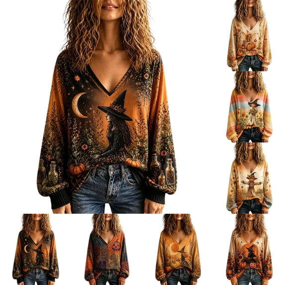 OIOLOYJM Halloween Long Sleeve Tops for Women Fall Casual V-Neck Pumpkin Graphic Happy Holiday Shirts Loose Fit Comfortable Lounge T Shirts Orange 3XL