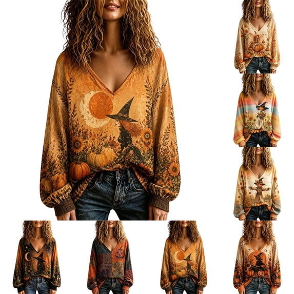 OIOLOYJM Halloween Long Sleeve Tops for Women Fall Casual V-Neck Pumpkin Graphic Happy Holiday Shirts Loose Fit Comfortable Lounge T Shirts Ginger XL