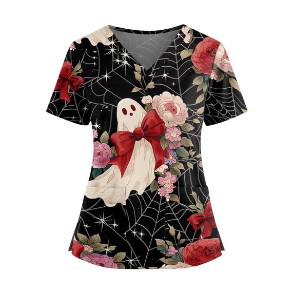 OIOLOYJM Halloween Scrub Tops Women Happy Funny Ghost Floral Print Short-Sleeve V-Neck Medical Uniforms Novelty Cute Holiday Costume with 2 Pockets Red S