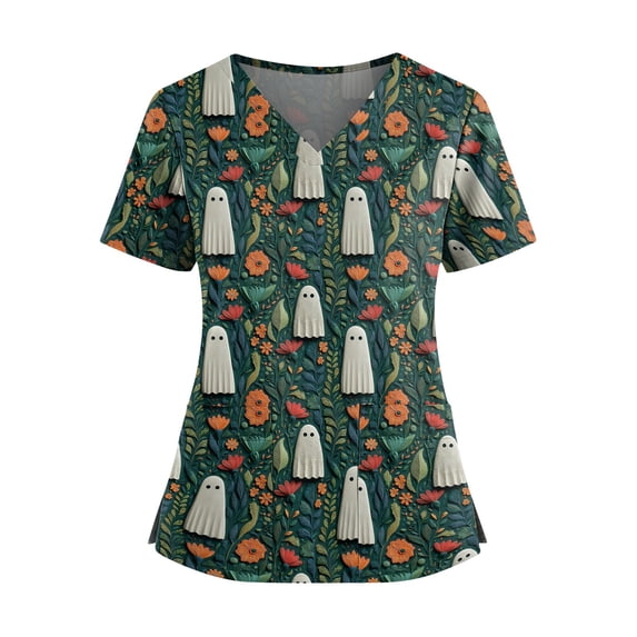 OIOLOYJM Halloween Scrub Tops Women Happy Funny Pumpkin Ghost Bat Graphic Short-Sleeve V Neck Scrub Shirts Horror Novelty Vacation Shirts with Pockets Green 2XL