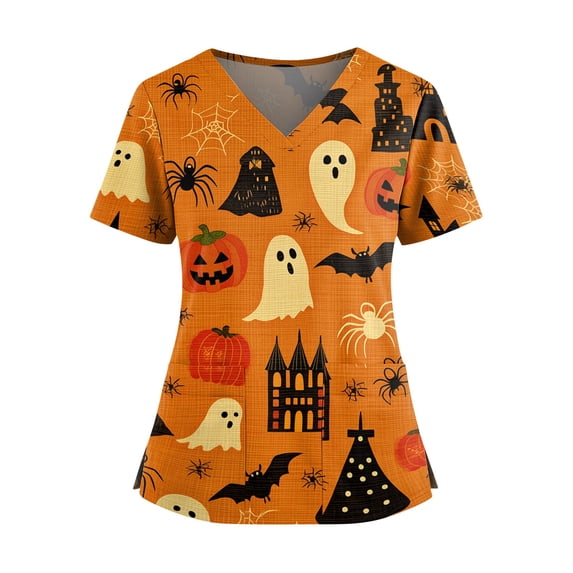 OIOLOYJM Halloween Scrub Tops Women Happy Funny Pumpkin Ghost Bat Print Short-Sleeve V-Neck Medical Scrubs Soft Cute Holiday Shirts with Pockets Saffron M