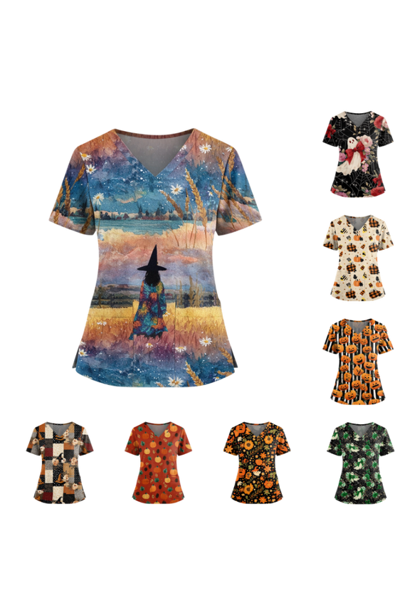 Halloween Short Sleeve Tops for Women Happy Funny Witch Print V-Neck Scrub Tops Novelty Holiday Nurse Tops with 2 Pockets Blue L