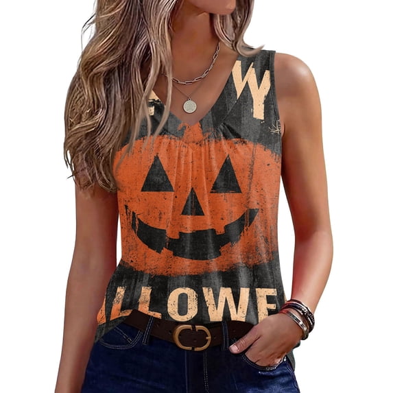 OIOLOYJM Halloween Sleeveless Tops for Women V Neck Happy Pumpkin Graphic Party Tanks Pleated Casual Soft Relaxed Fit Lounge Outfits Vermilion XL