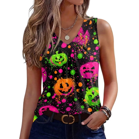 OIOLOYJM Halloween Thanksgiving Womens Tank Tops Happy Pumpkin Graphic Holiday Sleeveless V-Neck Tops Dress Soft Relaxed Fit Lightweight Pleated Clothing Green M