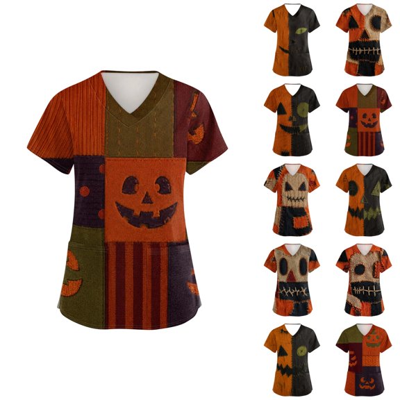 OIOLOYJM Halloween Womens Scrub Tops Happy Funny Spooky Pumpkin Graphic Short-Sleeve Stretch V-Neck Scrubs Lounge Novelty Casual Costume with Pockets Mint Green 3XL