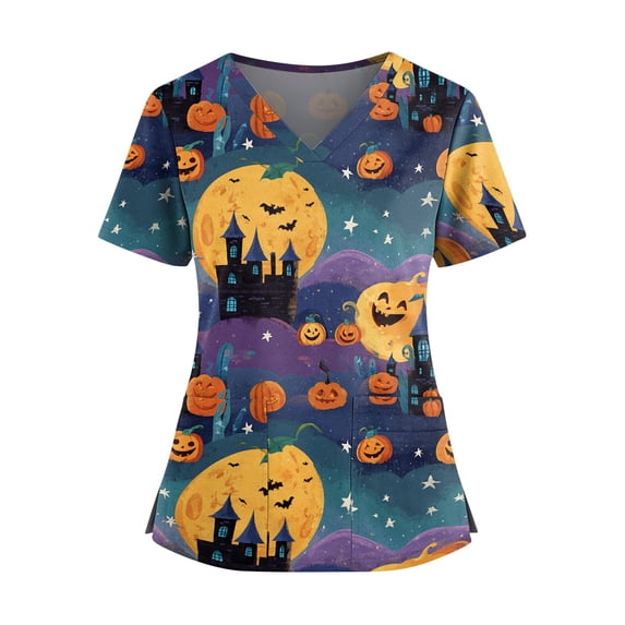 OIOLOYJM Halloween Womens Short Sleeve Tops Happy Funny Pumpkin Print V Neck Scrub Tops Novelty Casual Scrub Shirts with Pockets Purple S