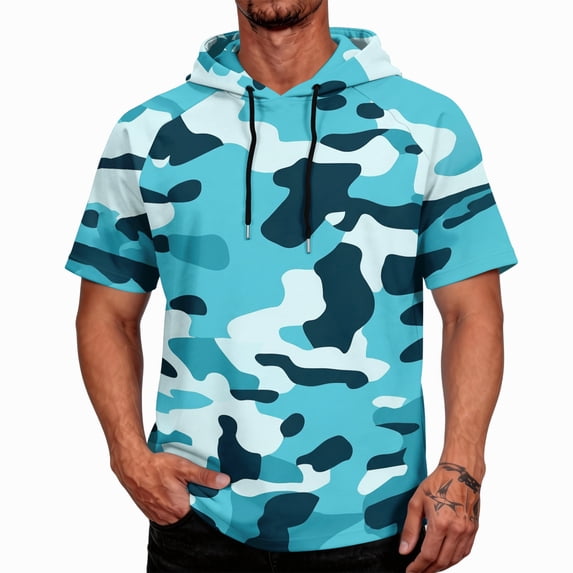 OIOLOYJM Hoodies for Men Sun Protection Lightweight Camo Short Sleeve Hooded Shirts Rash Guard Quick Dry Hiking Fishing Tops Blue L