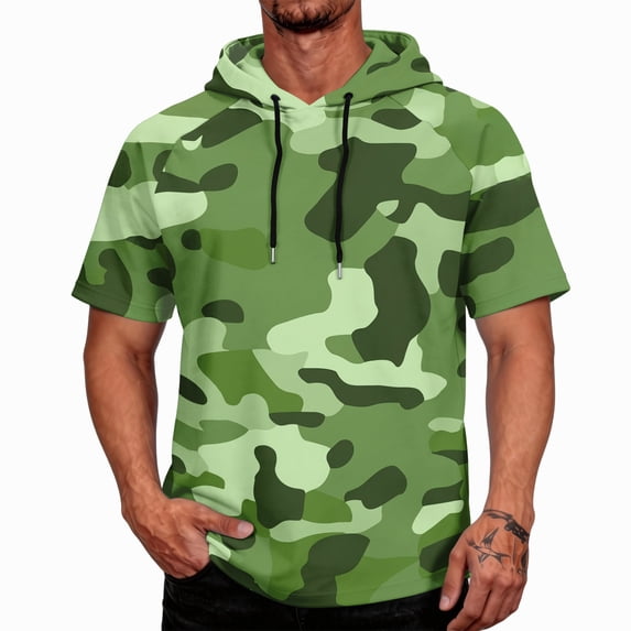 OIOLOYJM Hoodies for Men Sun Protection Lightweight Camo Short Sleeve Hooded T Shirts Rash Guard Quick Dry Running Casual Outfits Green M